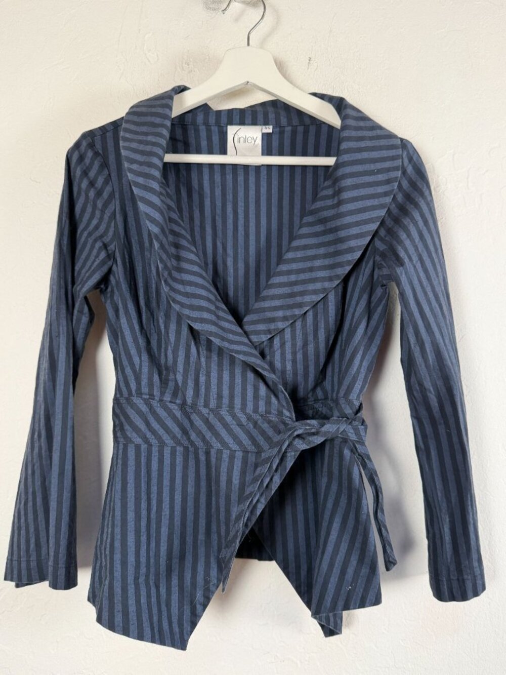Finley Womens XS Striped Wrap Top Shawl Collar Tie Waist Navy Blue Cotton Blazer